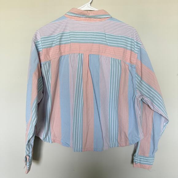 American Eagle Womens Button Up Top Large Colorful Patchwork Stripes Boxy Pastel - Picture 6 of 7